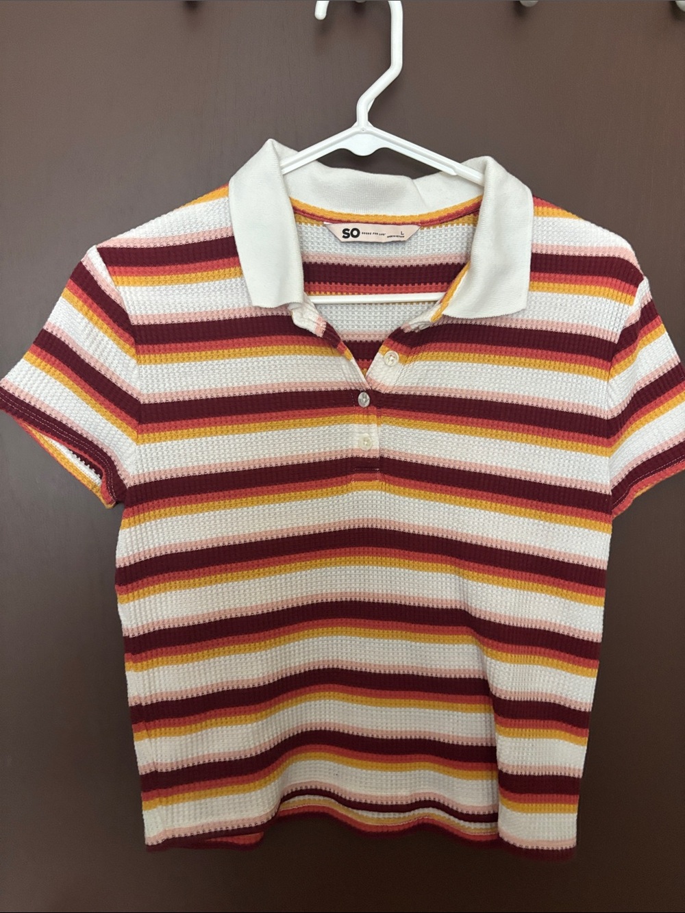 SO Short-Sleeve Striped Polo in White, Burgundy & Mustard